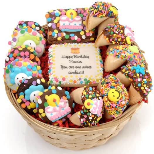 A cookie gift basket with a personalized cookie