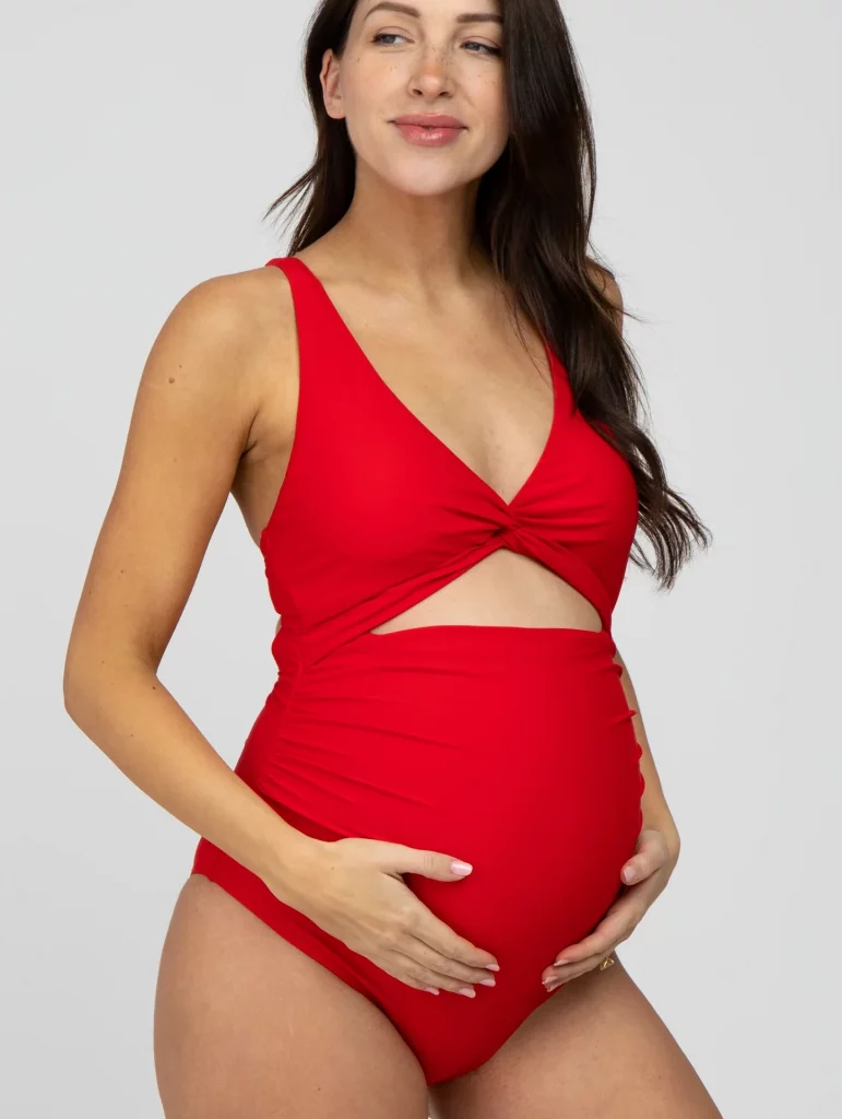 Red Ruched-Sides Front-Cutout Maternity One-Piece Swimsuit